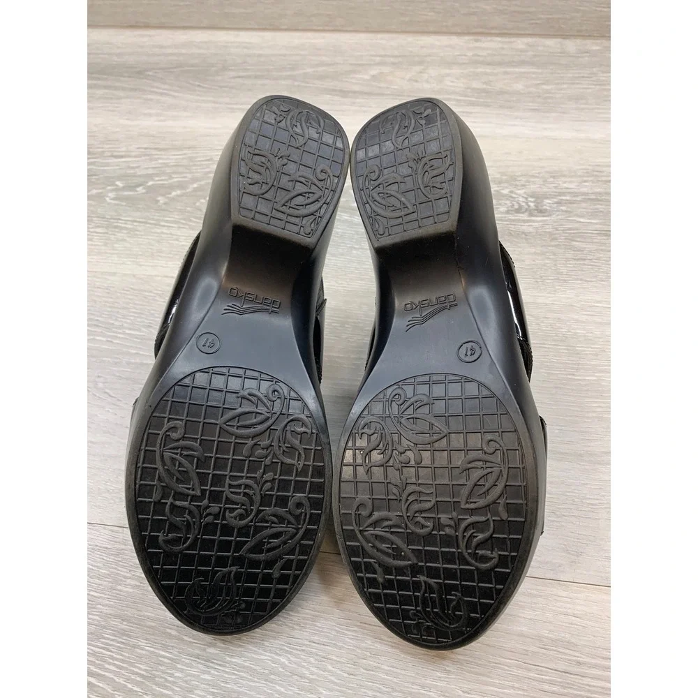 Dansko Black Patent Leather Floral Applique Wedge Slide Sandals Women's 11